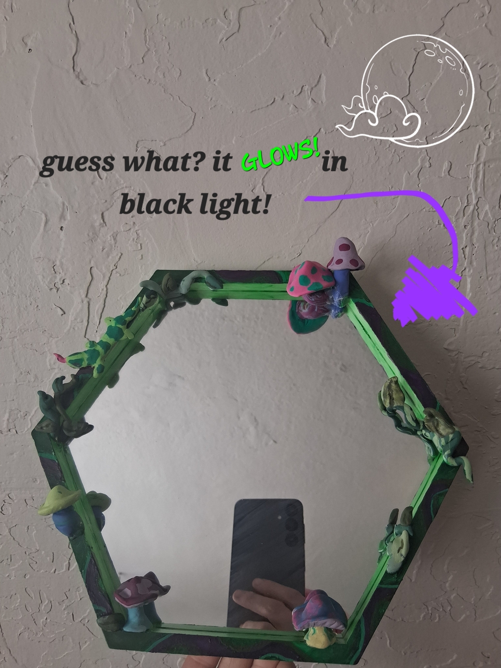 Handmade  One Of A Kind Green Hexagon Mushroom Mirror - Glowing Accent